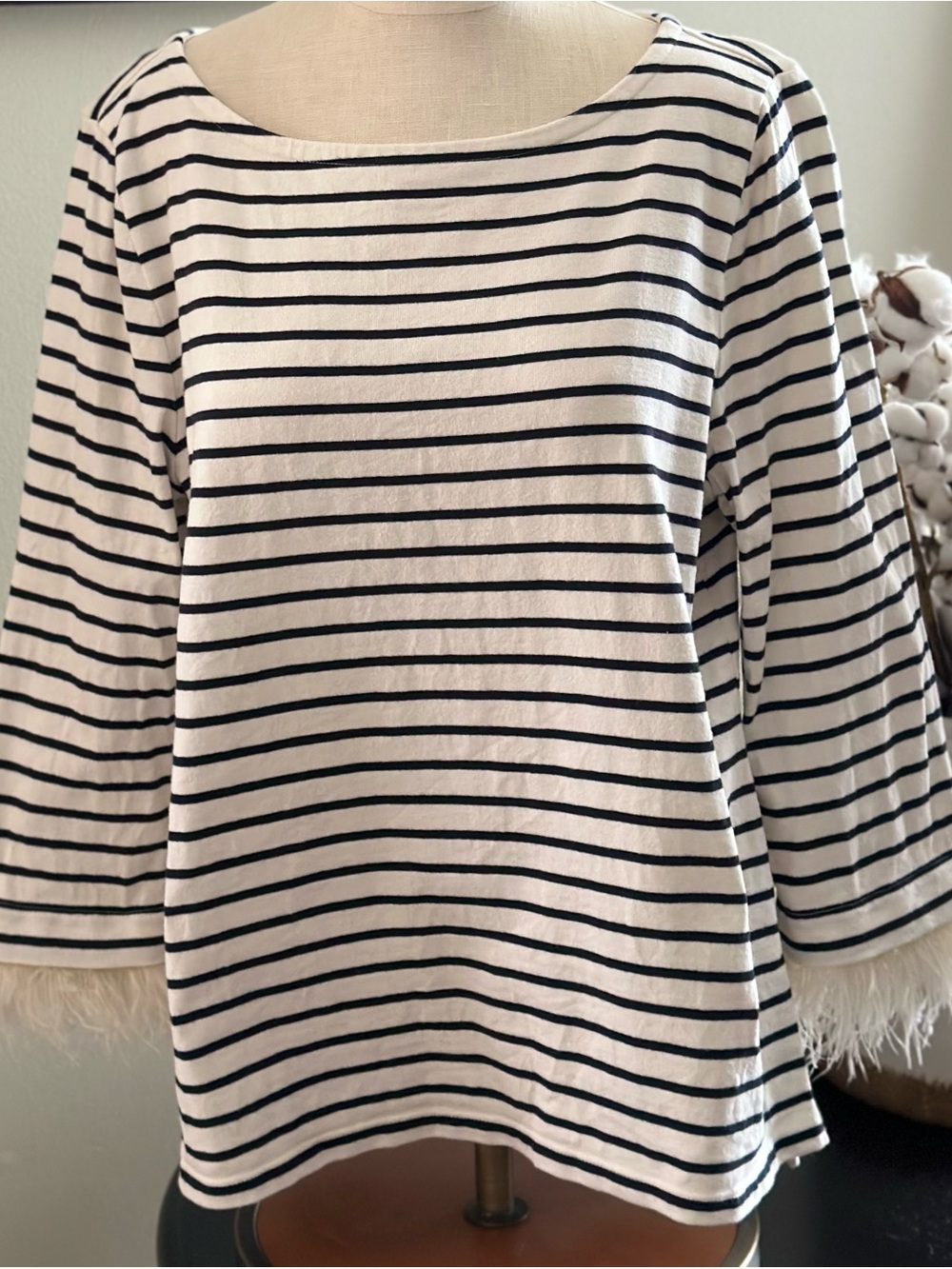 Talbots White and Black Striped Top with Ostrich Feather Cuff Detail -XL